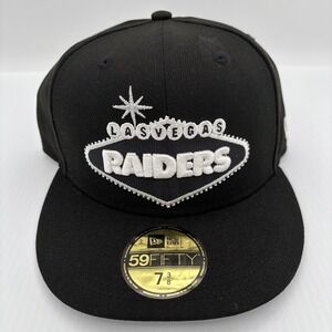 New Era 59Fifty Las Vegas Raiders Fitted Hat Black Silver Size 7 3/8 NFL Cap